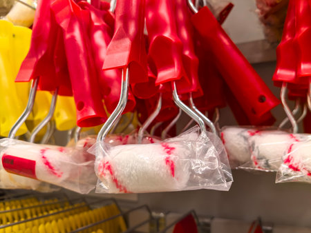 Brightly colored paint rollers in red and white are neatly packaged and displayed on a rack, inviting customers to choose their tools for upcoming DIY projects in the vibrant store atmosphere.の写真素材