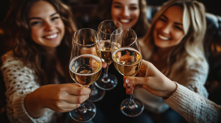Four joyful women gather on a plush sofa, raising their glasses in a toast filled with laughter and warmth. This intimate moment captures friendship and celebration on a delightful evening.の素材