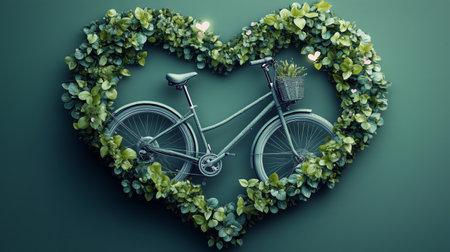 A vibrant green electric bicycle rests amid a heart-shaped backdrop of lush leaves and foliage, symbolizing a love for eco-friendly transportation and the beauty of nature.の素材