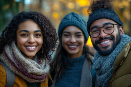 Three happy multiracial friends stand close together, enjoying the beauty of a vibrant autumn day. Their laughter and warm expressions reflect a strong bond and shared happiness.の素材
