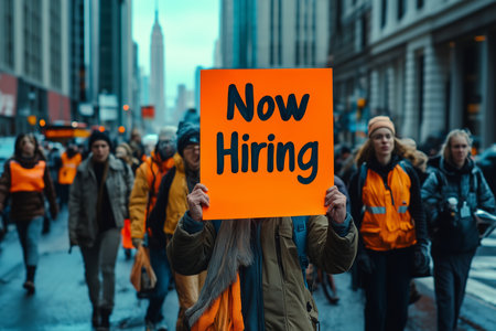 In the early morning, a group of city workers stands near the river, displaying a vibrant sign that reads Now Hiring. The atmosphere reflects a sense of urgency and community in the quest for employment.の素材