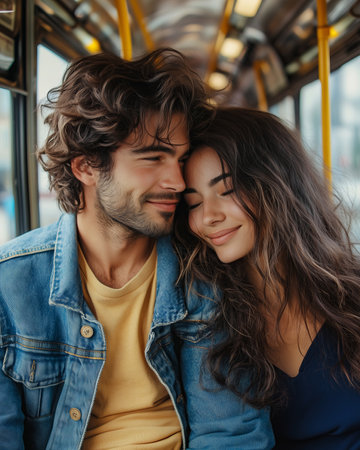 A young couple smiles warmly as they sit closely together on a bus, surrounded by the vibrant hustle of the city. Sunshine filters through the windows, enhancing their moments of connection.の素材