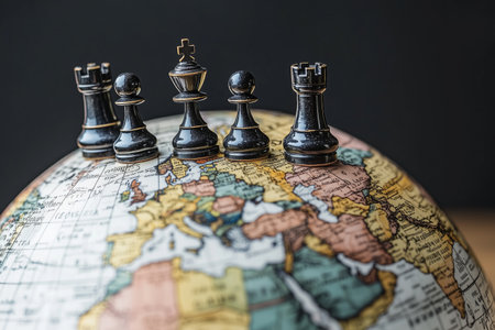 A detailed globe displays the continents of Europe and America while black chess pieces rest atop its surface, symbolizing strategic thinking and global awareness during an afternoon study session.の素材