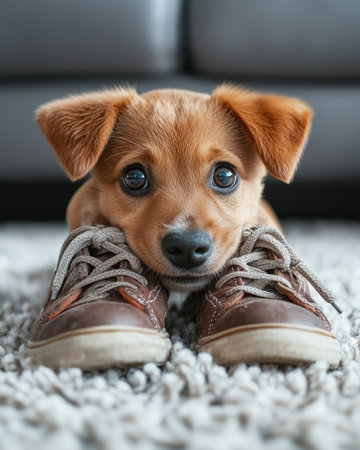 A cheerful puppy lies on a soft rug in a cozy living room, playfully tugging at a pair of shoes. The atmosphere is warm and inviting, highlighting the joy of pet companionship.の素材