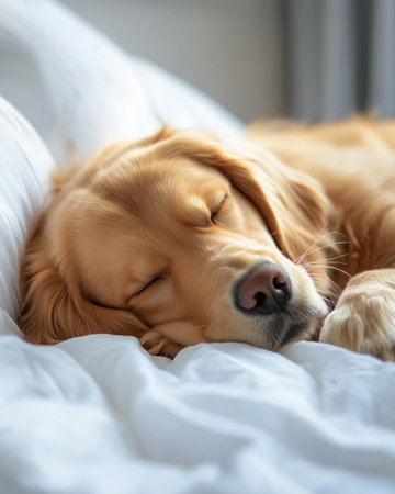 A beautiful golden retriever lies comfortably on a fluffy bed, eyes gently closed, enjoying a serene moment of peace in a warm and inviting room filled with natural light.の素材