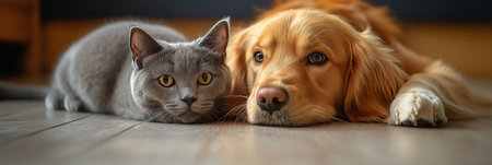 In a warm and inviting room, a Golden Retriever and a British Shorthair share a meal on the floor. The playful interaction highlights their friendship and the joy of shared moments at mealtime.の素材