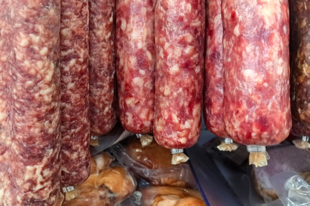 Bright red chorizo sausages dangle from hooks in a bustling market stall. Surrounding the cured meats are various spices, showing the vibrant flavors of local cuisine.の写真素材