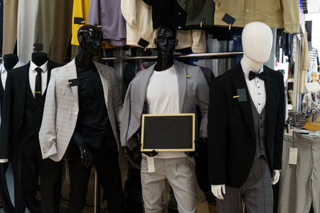 In a contemporary store setting, sleek mannequins showcase a range of tailored suits. Each figure...
