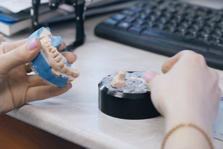 In a bustling dental lab, a technician meticulously shapes a denture from a jaw model. Tools and materials surround, emphasizing the artistry and precision required in denture fabrication.の写真素材
