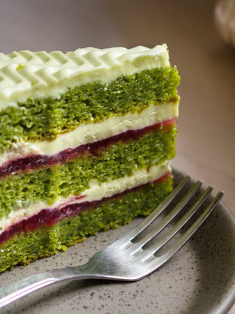 Layers of rich spinach cake embrace a tart raspberry and creamy frosting, creating a unique dessert experience. Perfectly plated, this treat tempts with its colorful presentation.の写真素材