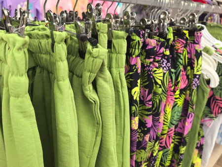 Brightly colored pants hang neatly on racks, showing various tropical patterns and shades. Shoppers are drawn to the lively summer collection that embodies a fun, seasonal vibe.の写真素材