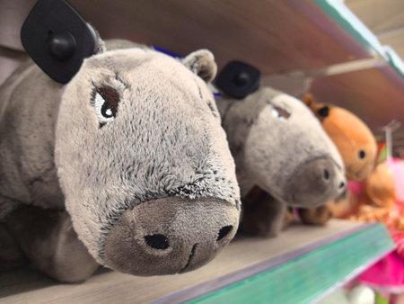Three adorable stuffed animals rest in a brightly lit shop, showing their soft textures and friendly expressions. The vibrant shelf adds a whimsical touch to the display.の写真素材