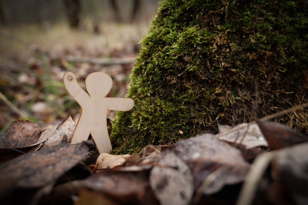 A wooden figure stands amidst fallen leaves and lush moss in a tranquil forest. Nature's beauty...