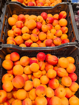 Vibrant baskets overflow with ripe peaches and apricots, showing a rich spectrum of orange and yellow hues. This lively market scene invites shoppers to enjoy fresh seasonal fruits.の写真素材