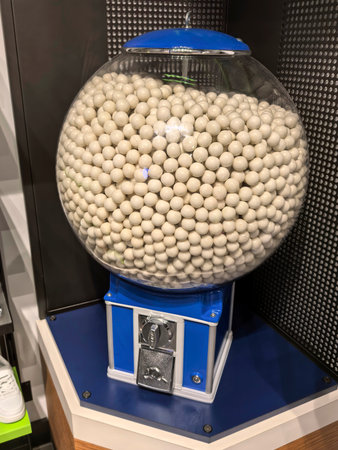 A classic gumball machine stands prominently in a vibrant retail area. Its glass dome is overflowing...
