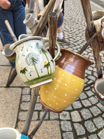Vibrant pottery pieces hang on a rustic wooden display at a lively market. Each jug showcases unique designs, captivating visitors with its artistic flair and craftsmanship.の写真素材