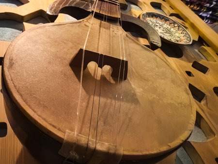 A beautifully crafted string instrument lies on a smooth wooden table, surrounded by intricate...