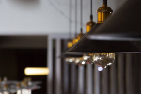 lamps in the cabin hang on wires. loft interior, black shade.の写真素材