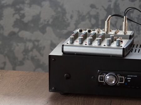 musical amplifier is on the table, studio. copyspace for text.