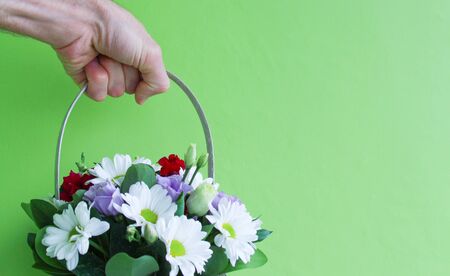 A hand holds colorful flowers in a basket, isolated on a green background, place for textの写真素材