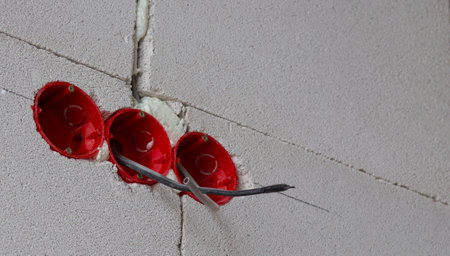 Installation of electrical wiring, red plastic boxes and electrical cables on the wall, repair concept.の写真素材