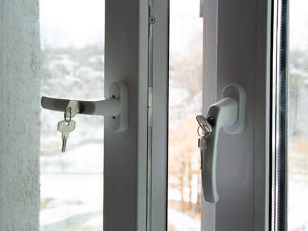 open plastic window in the apartment during renovationの写真素材