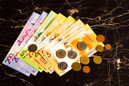 New paper money of the Belarusian bank and coins of different dignity and mining