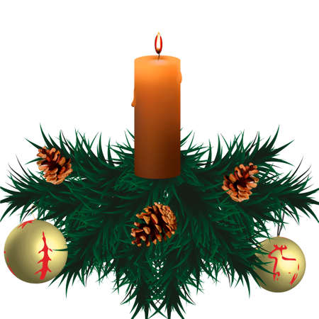 A candle, spruce branches, pine cones.のイラスト素材