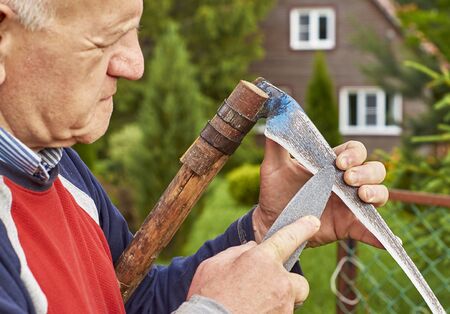 Senior man sharpening a scythe before mowing the grass in front of his summer residence                                の写真素材