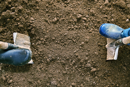 Concept of the agricultural work. Male and female feet in rubber shoes digging ground with shovels in the earth. View from above.の写真素材