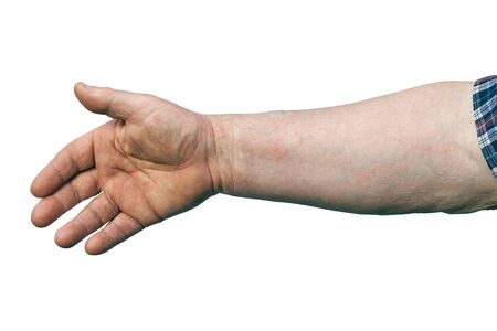 Hand of a powerful senior man who love to work manually isolated on whiteの写真素材