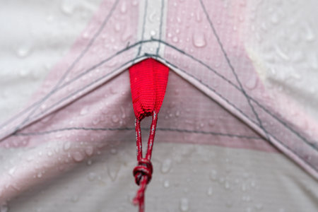 Loop on the awning of a wet tourist tent with a stretched rope in a summer hike after the rain.の写真素材