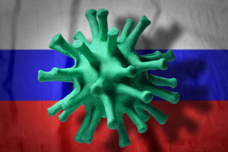 Coronavirus cell on the russian flag background with shadows. A pandemic of coronavirus in Russia conceptの写真素材