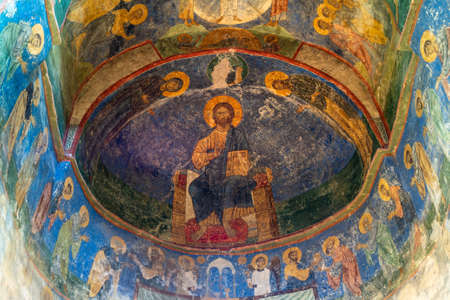Pskov, Russia-June 16, 2015. Ancient frescoes of the Spaso-Preobrazhensky Cathedral of the Mirozhsky monastery n Pskovのeditorial素材