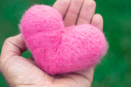 Pink woolen heart lying in a hand on the green nature backgroundの写真素材