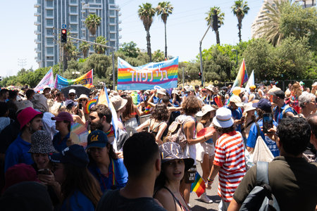 Tel Aviv Yafo, Israel - June 10, 2022. Crowd of people taking part in the GAY PRIDE PARADEのeditorial素材