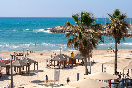 Tel Aviv Yafo, Israel - May 22, 2022. View of the beach of Tel Aviv in warm sunny dayのeditorial素材