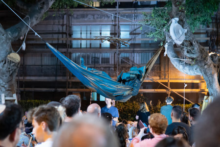 Rehovot, israel-July 7, 2022. Exhibition of living statues on the street at night