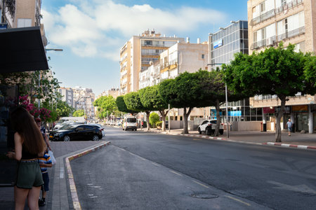 BAT YAM, ISRAEL-July 8, 2022. A view of a modern Bat Yam street in the morningのeditorial素材