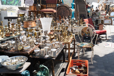 Tel Aviv, Israel - July 15, 2022: Retro old antique objects are being sold at flea market.のeditorial素材