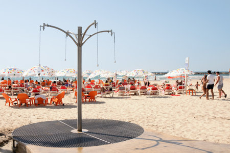 Tel Aviv Yafo, Israel - September 23,2022. Metal shower on the Tel Aviv beachのeditorial素材