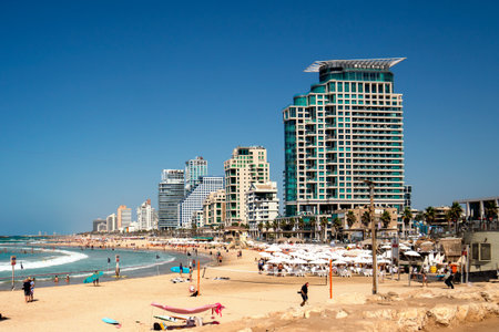 Tel Aviv Yafo, Israel - September 23,2022. View of a Tel Aviv beach in a sunny dayのeditorial素材