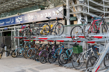 Tel Aviv Yafo, Israel - October 26,2022. Double-decker bike parking near an railway station in Tel Avivのeditorial素材