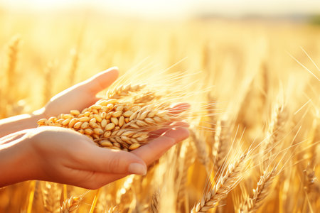 Female hands holding a handful of ripe wheat grains in a wheat fieldの素材