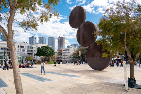 TEL AVIV, ISRAEL - March 08, 2024 : Habima Square with Menashe Kadishmans statue in Tel Aviv, Israel.のeditorial素材