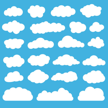 White different cartoon clouds on blue sky background flat designのイラスト素材