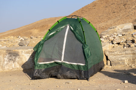 One-person camping tent in a desertの写真素材
