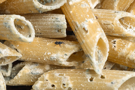 Close up of spoiled uncooked pasta with a rice weevilの写真素材