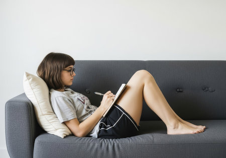 Young woman journaling on modern grey couchの素材