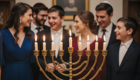 Family celebrating Hanukkah lighting menorah candlesの素材